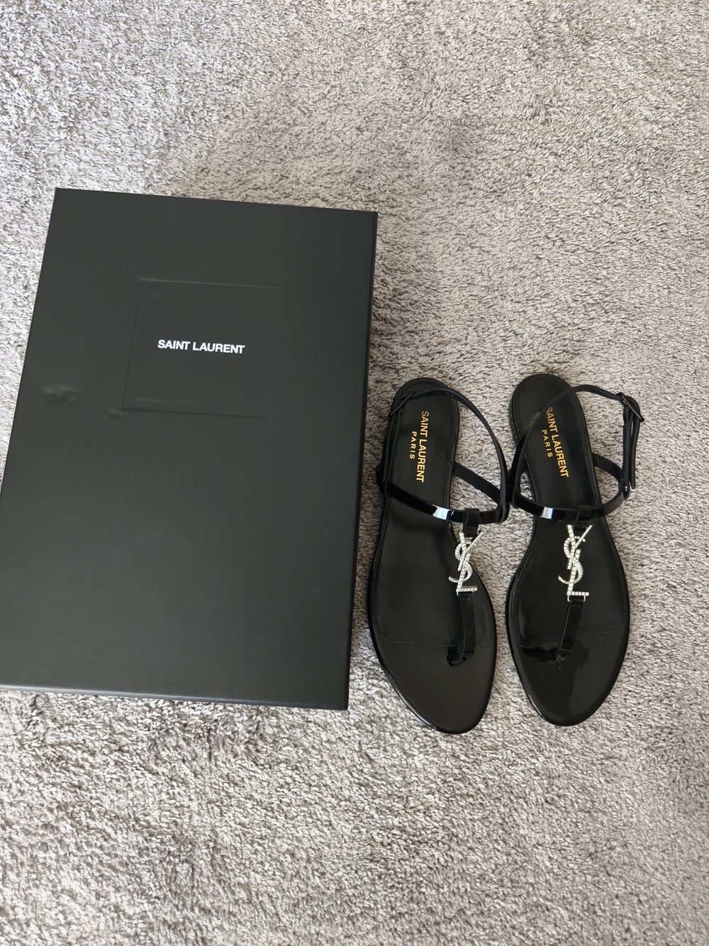 Saint Laurent Black Patent T-Strap Sandals with Crystal YSL Emblem - Picture 3 of 7